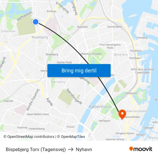 Bispebjerg Torv (Tagensvej) to Nyhavn map