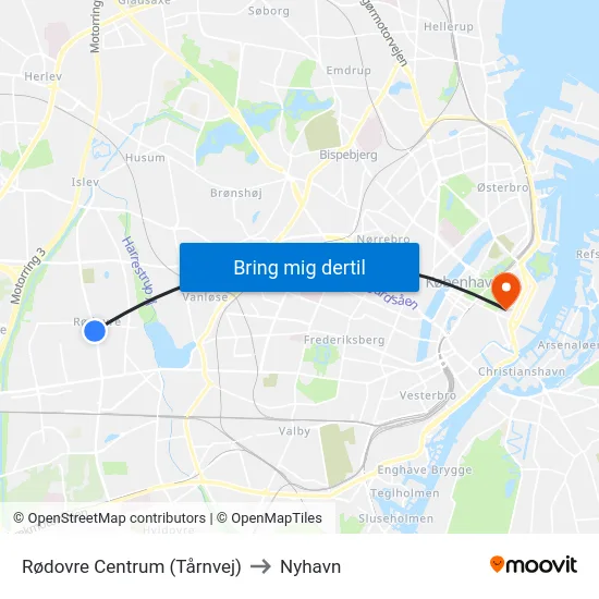 Rødovre Centrum (Tårnvej) to Nyhavn map