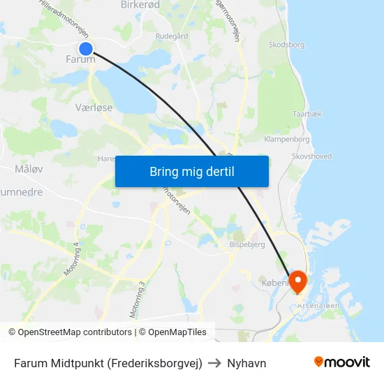 Farum Midtpunkt (Frederiksborgvej) to Nyhavn map