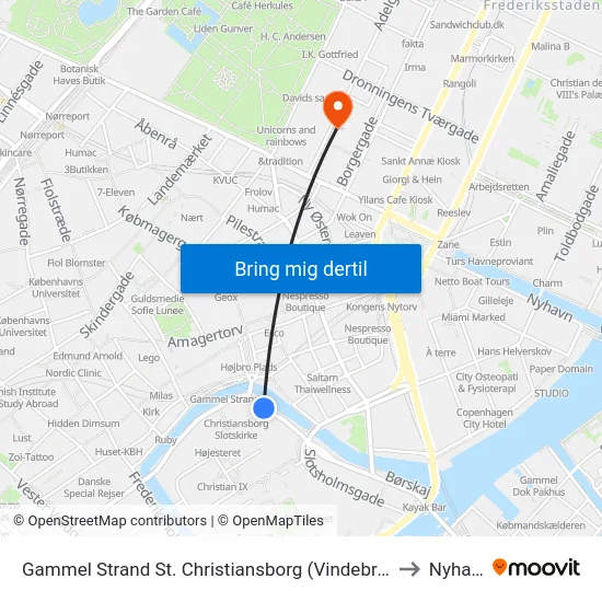 Gammel Strand St. Christiansborg (Vindebrogade) to Nyhavn map
