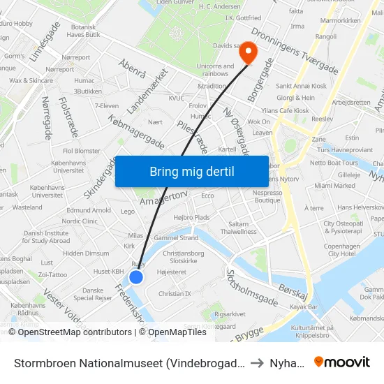 Stormbroen Nationalmuseet (Vindebrogade) to Nyhavn map