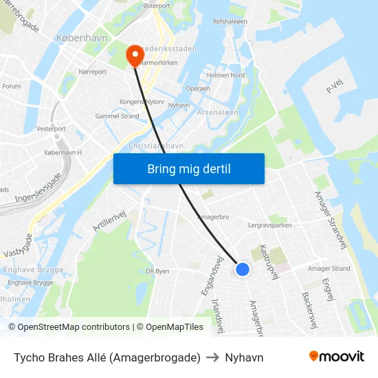 Tycho Brahes Allé (Amagerbrogade) to Nyhavn map