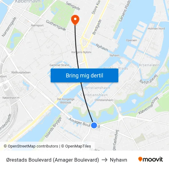 Ørestads Boulevard (Amager Boulevard) to Nyhavn map