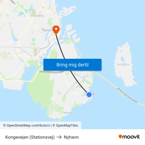 Kongevejen (Stationsvej) to Nyhavn map