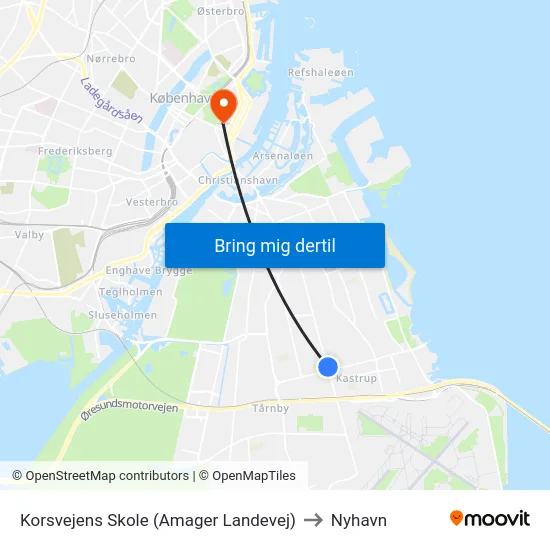 Korsvejens Skole (Amager Landevej) to Nyhavn map