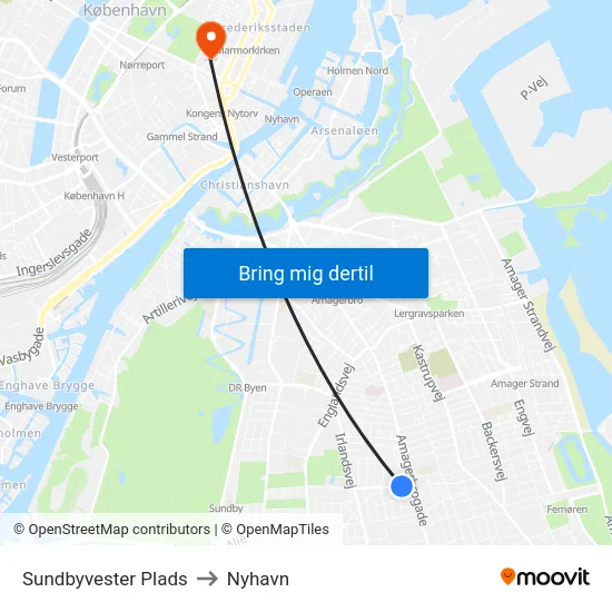 Sundbyvester Plads to Nyhavn map