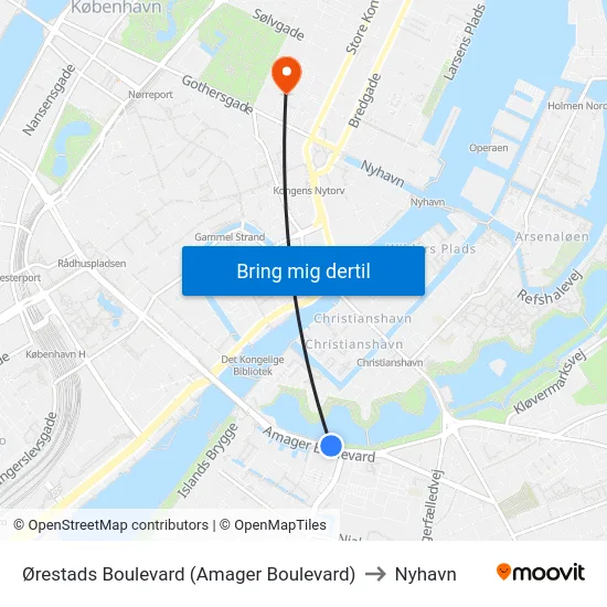 Ørestads Boulevard (Amager Boulevard) to Nyhavn map
