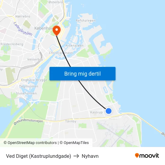 Ved Diget (Kastruplundgade) to Nyhavn map