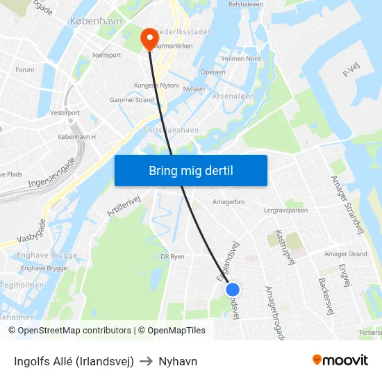 Ingolfs Allé (Irlandsvej) to Nyhavn map