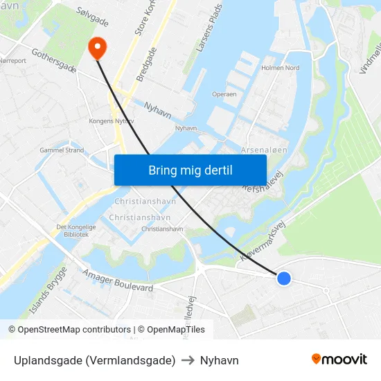 Uplandsgade (Vermlandsgade) to Nyhavn map