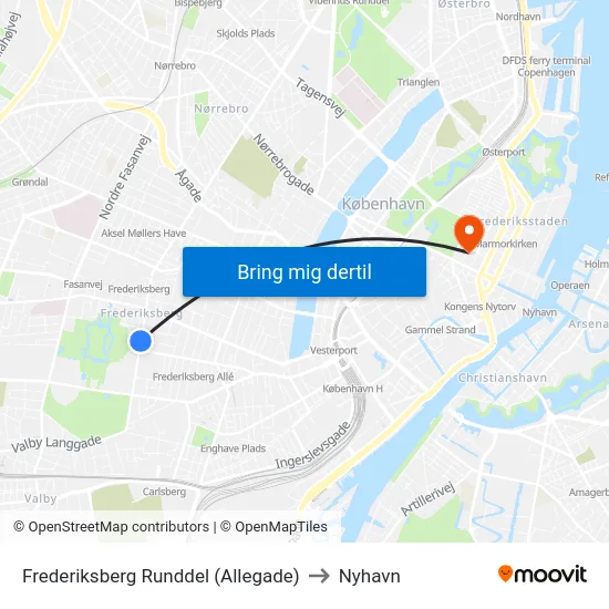 Frederiksberg Runddel (Allegade) to Nyhavn map