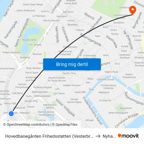 Hovedbanegården Frihedsstøtten (Vesterbrogade) to Nyhavn map