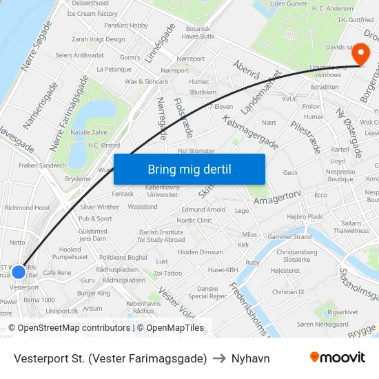 Vesterport St. (Vester Farimagsgade) to Nyhavn map