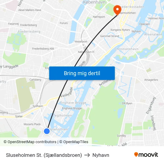 Sluseholmen St. (Sjællandsbroen) to Nyhavn map