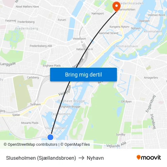 Sluseholmen (Sjællandsbroen) to Nyhavn map