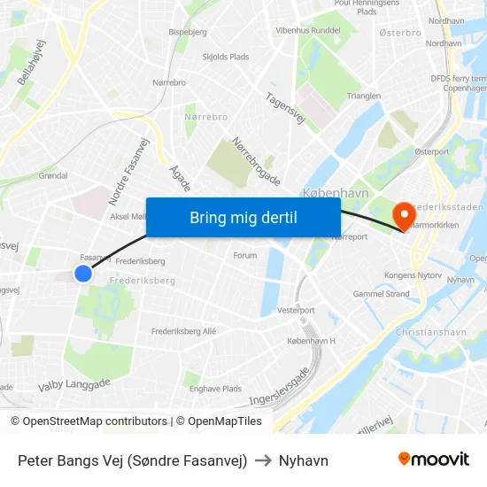 Peter Bangs Vej (Søndre Fasanvej) to Nyhavn map