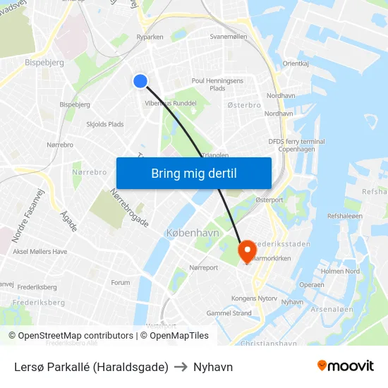 Lersø Parkallé (Haraldsgade) to Nyhavn map