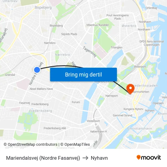 Mariendalsvej (Nordre Fasanvej) to Nyhavn map