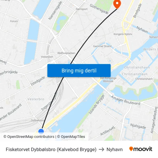 Fisketorvet Dybbølsbro (Kalvebod Brygge) to Nyhavn map