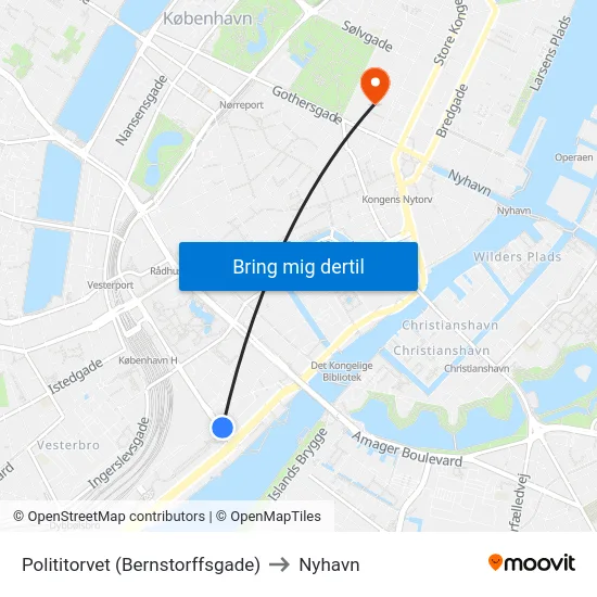 Polititorvet (Bernstorffsgade) to Nyhavn map