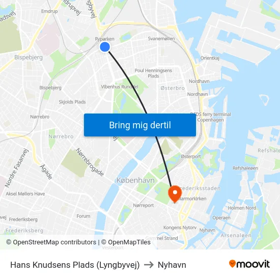 Hans Knudsens Plads (Lyngbyvej) to Nyhavn map