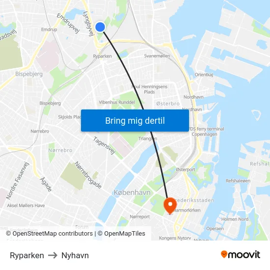 Ryparken to Nyhavn map