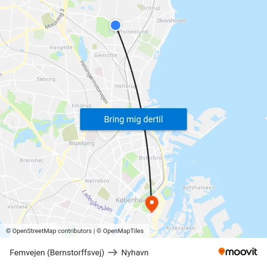 Femvejen (Bernstorffsvej) to Nyhavn map