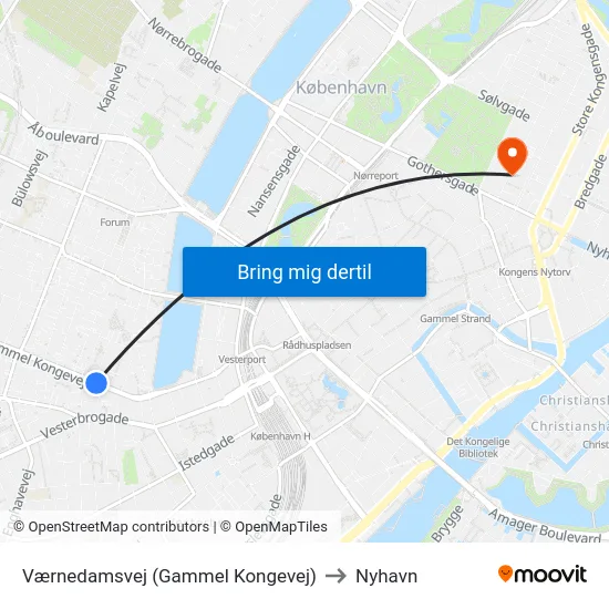 Værnedamsvej (Gammel Kongevej) to Nyhavn map