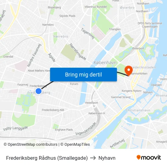 Frederiksberg Rådhus (Smallegade) to Nyhavn map