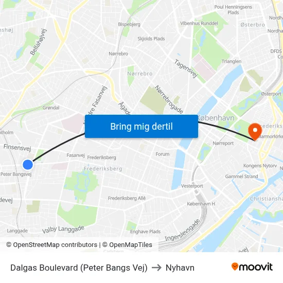 Dalgas Boulevard (Peter Bangs Vej) to Nyhavn map