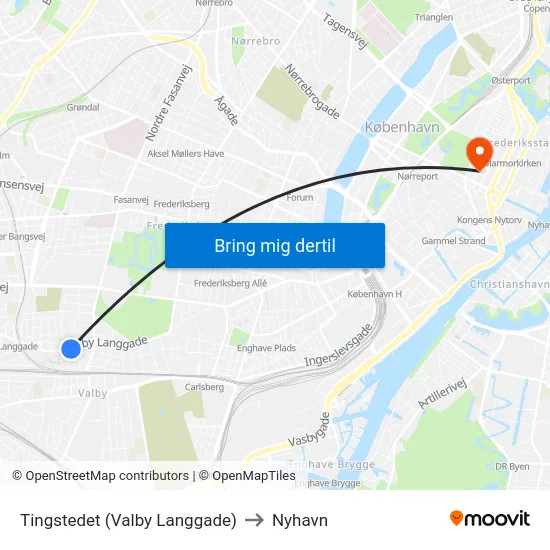 Tingstedet (Valby Langgade) to Nyhavn map