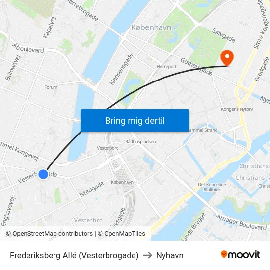 Frederiksberg Allé (Vesterbrogade) to Nyhavn map