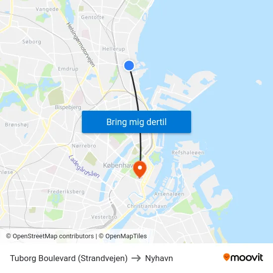 Tuborg Boulevard (Strandvejen) to Nyhavn map