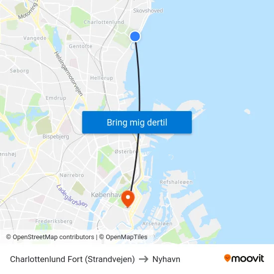 Charlottenlund Fort (Strandvejen) to Nyhavn map