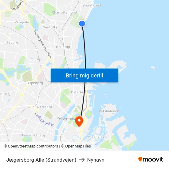 Jægersborg Allé (Strandvejen) to Nyhavn map