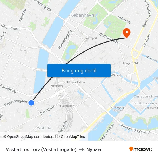 Vesterbros Torv (Vesterbrogade) to Nyhavn map