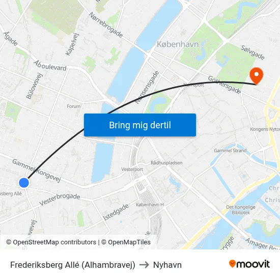 Frederiksberg Allé (Alhambravej) to Nyhavn map