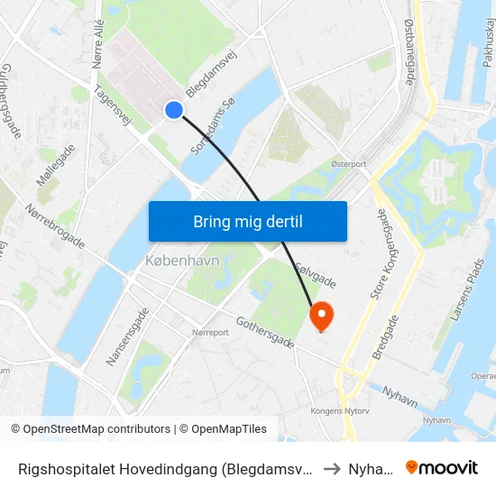 Rigshospitalet Hovedindgang (Blegdamsvej) to Nyhavn map