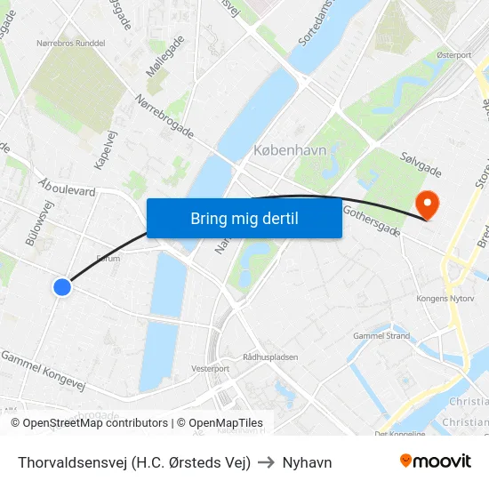 Thorvaldsensvej (H.C. Ørsteds Vej) to Nyhavn map