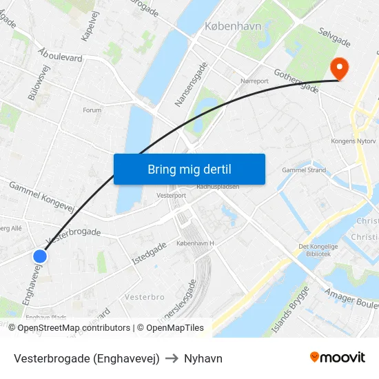 Vesterbrogade (Enghavevej) to Nyhavn map