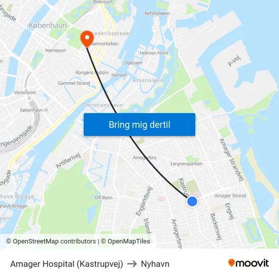 Amager Hospital (Kastrupvej) to Nyhavn map