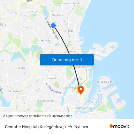 Gentofte Hospital (Kildegårdsvej) to Nyhavn map