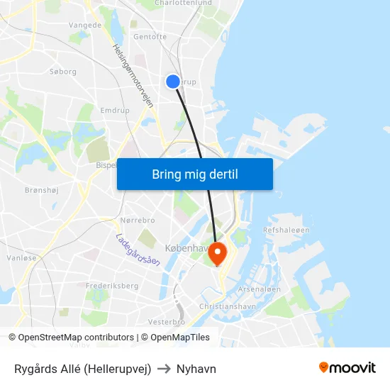 Rygårds Allé (Hellerupvej) to Nyhavn map