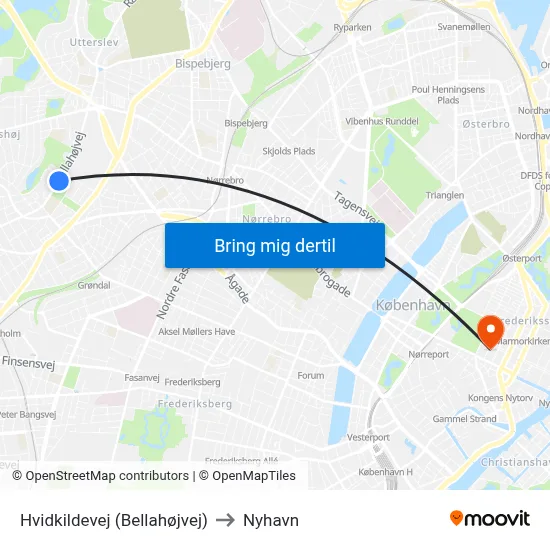 Hvidkildevej (Bellahøjvej) to Nyhavn map