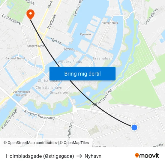 Holmbladsgade (Østrigsgade) to Nyhavn map