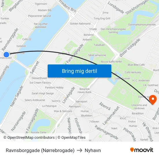 Ravnsborggade (Nørrebrogade) to Nyhavn map
