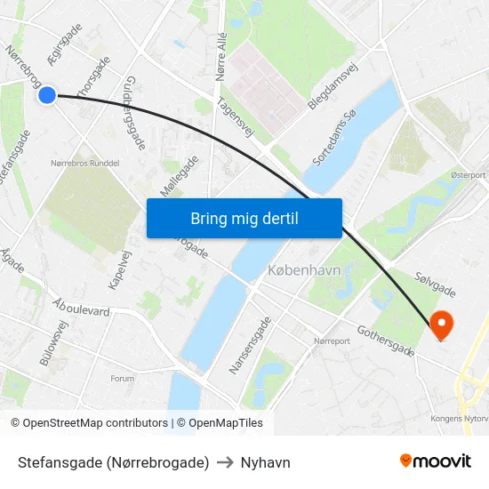 Stefansgade (Nørrebrogade) to Nyhavn map