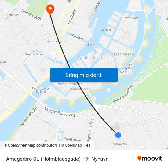 Amagerbro St. (Holmbladsgade) to Nyhavn map
