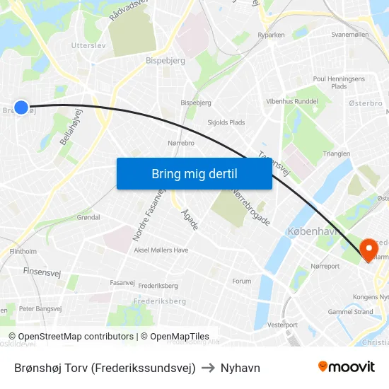 Brønshøj Torv (Frederikssundsvej) to Nyhavn map