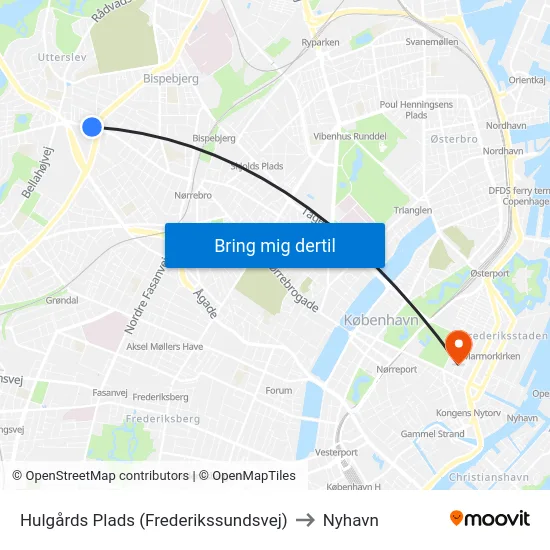 Hulgårds Plads (Frederikssundsvej) to Nyhavn map